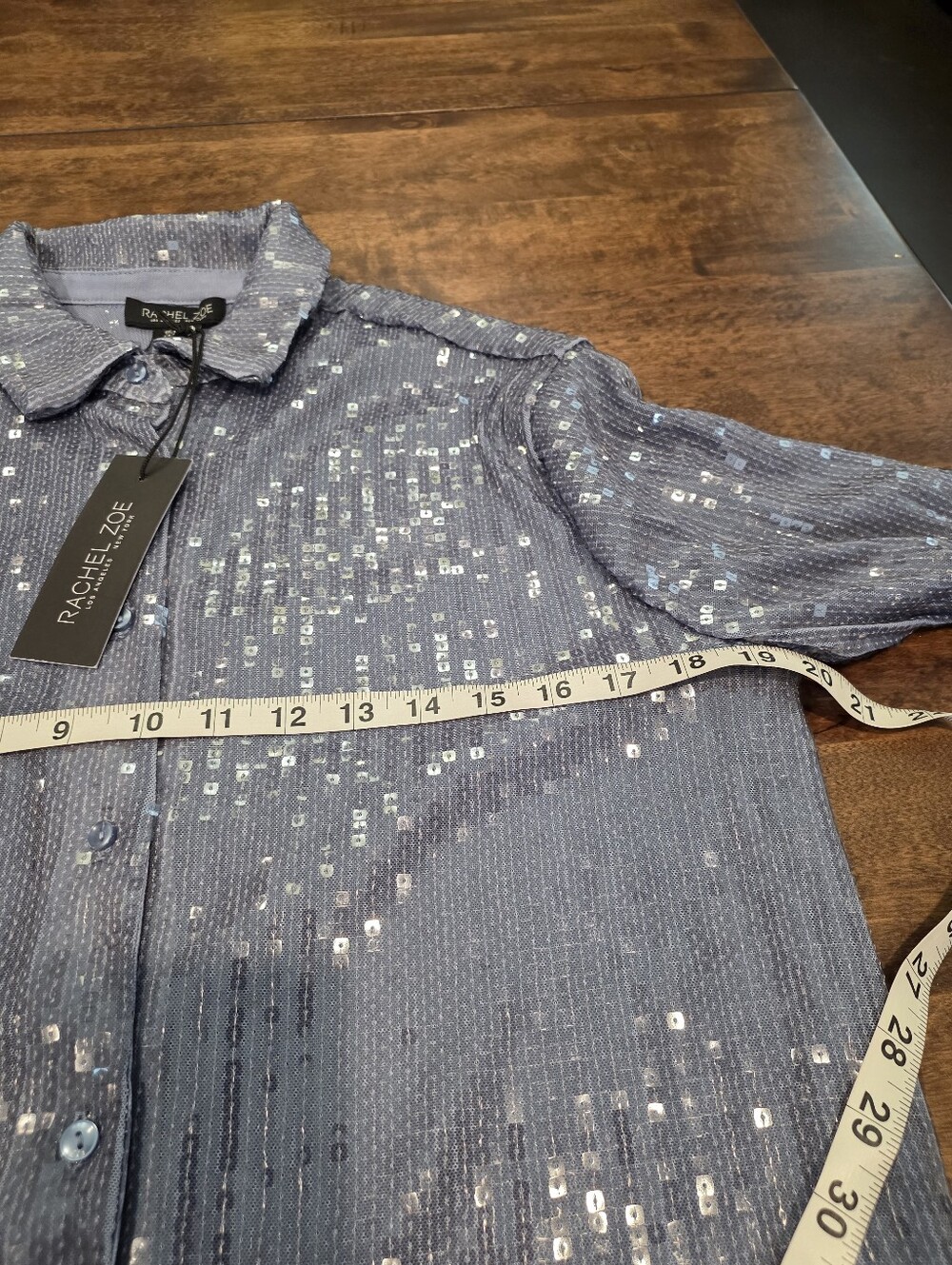 NWT Rachel Zoe Silver Blue Gray Sequin Button Shirt Jacket Medium - Picture 9 of 14